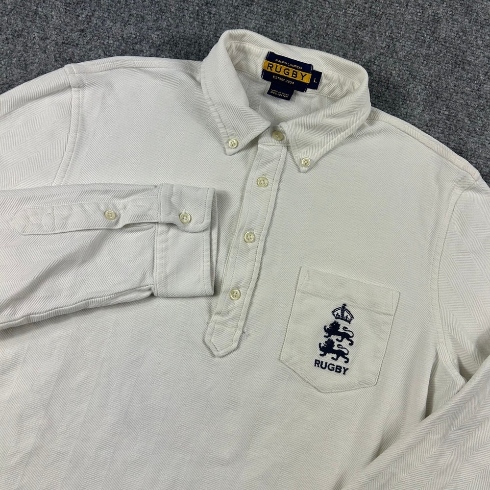 Ralph Lauren Rugby Polo Shirt Mens Large White Herringbone Crest Long Sleeve
